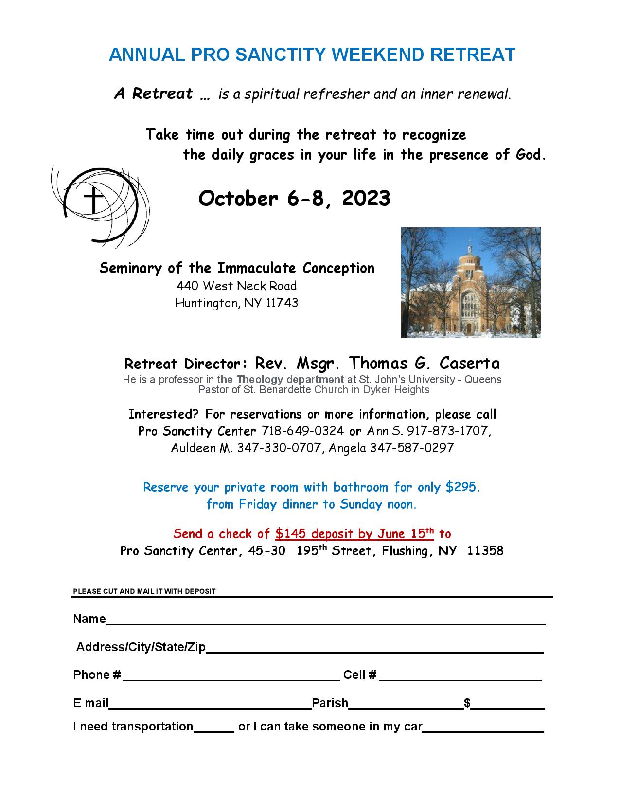 Annual Pro Sanctity Weekend RetreatOct 6 to 8 2023